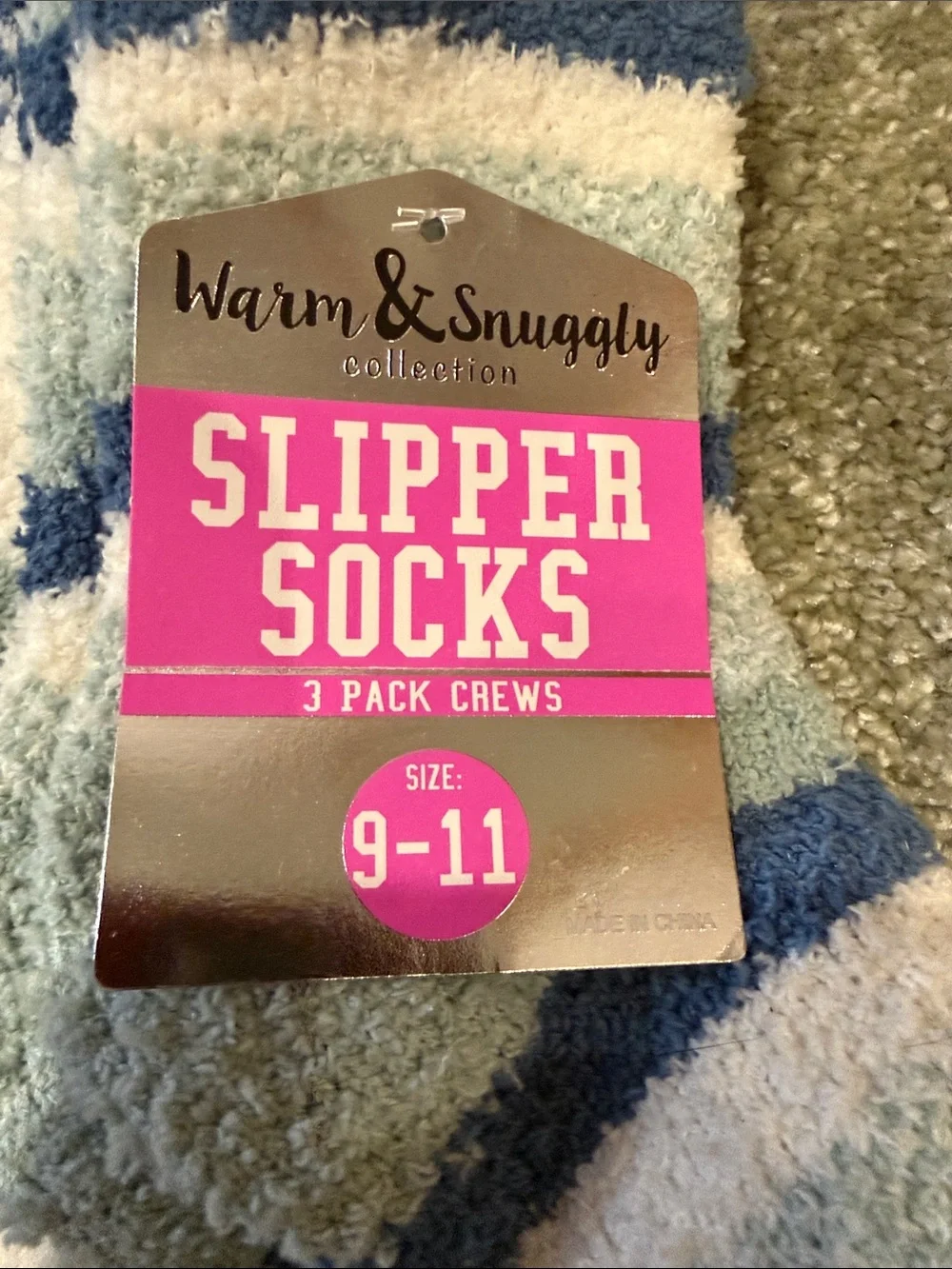 Cozy Slipper Socks - Blue & White Striped - 3-Pack
